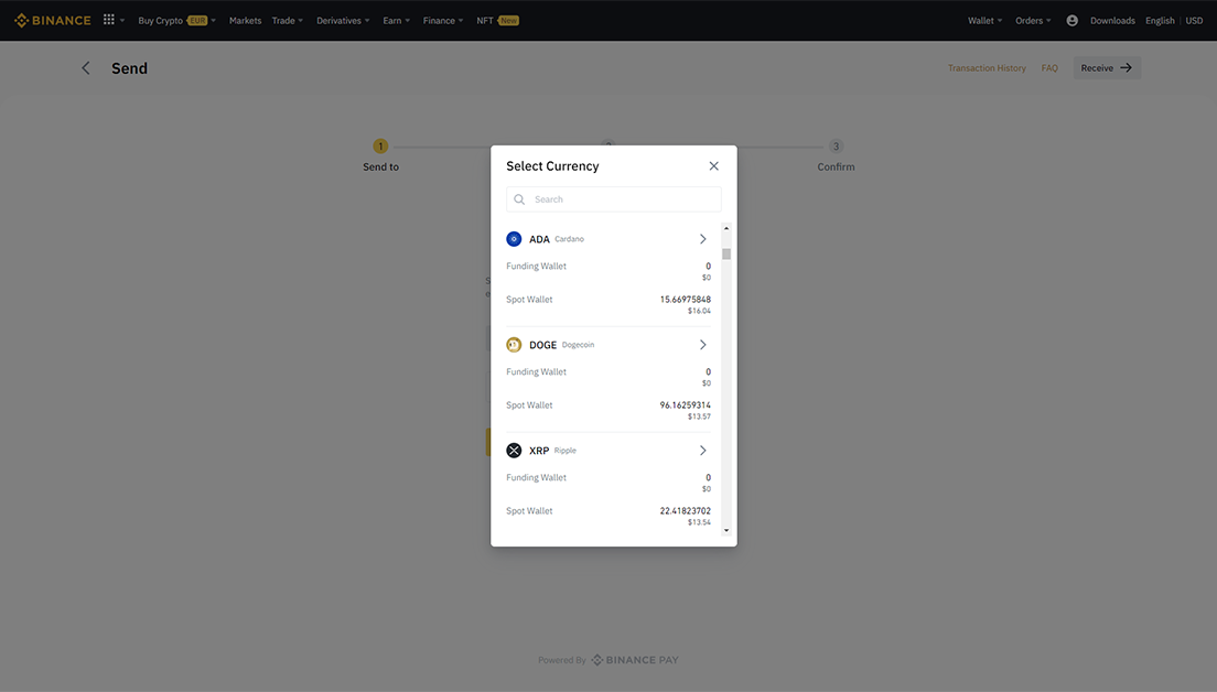 Select the currency to send on Binance Pay